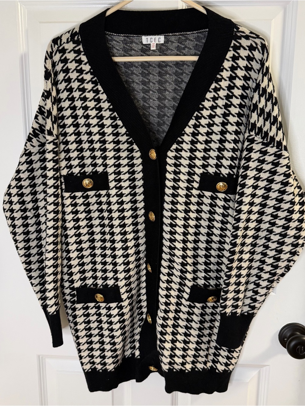 TCEC Black & White Houndstooth Cardigan with Gold Buttons